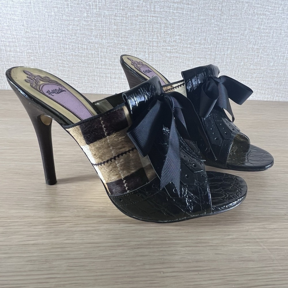 Hale Bob Pony Hair Plaid Patent Leather Mule Heels Bow Peep Toe 10 CityCore - Picture 10 of 14